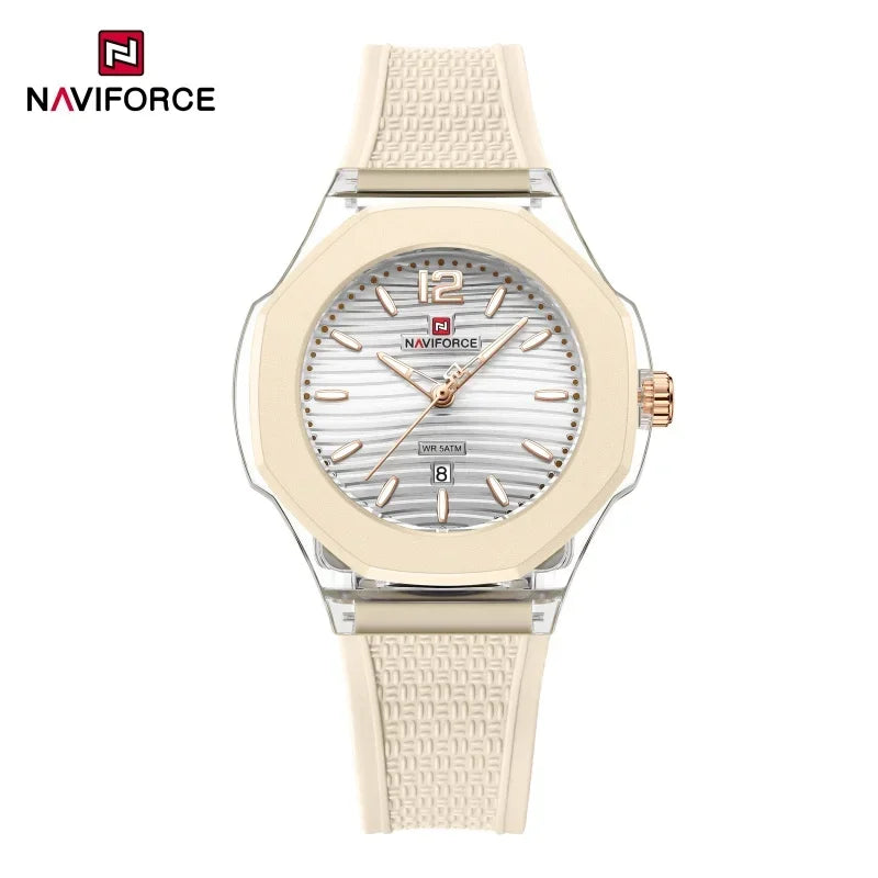 NAVIFORCE Fashion Watch for Women 5ATM Waterproof Silicone Strap Auto Date Display Night Illumination Ladies Elegant Watch Gift
