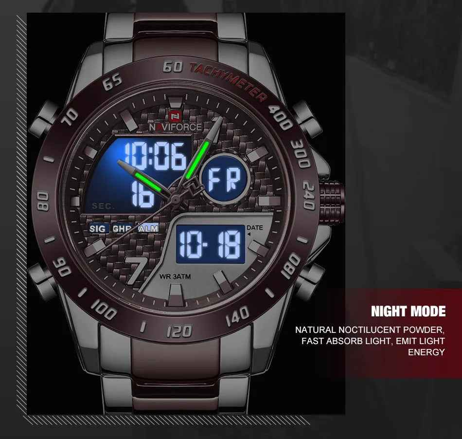 NAVIFORCE Men's Fashion Sports Watch Quartz Dual Display Luminous Waterproof Steel Band Clocks Male Outdoor Wristwatch Gifts Box