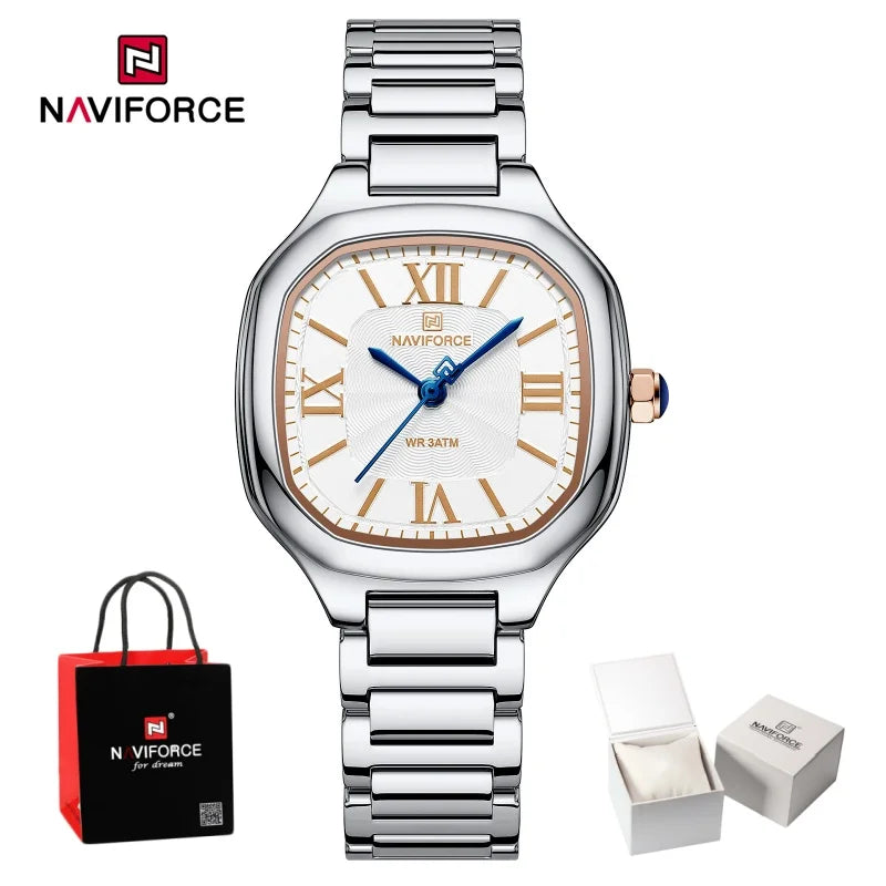 NAVIFORCE Women's Casual Fashion Quartz Watch Unique Design Waterproof Steel Strap Elegant Ladis Daily Wear Wristwatch Gift Box