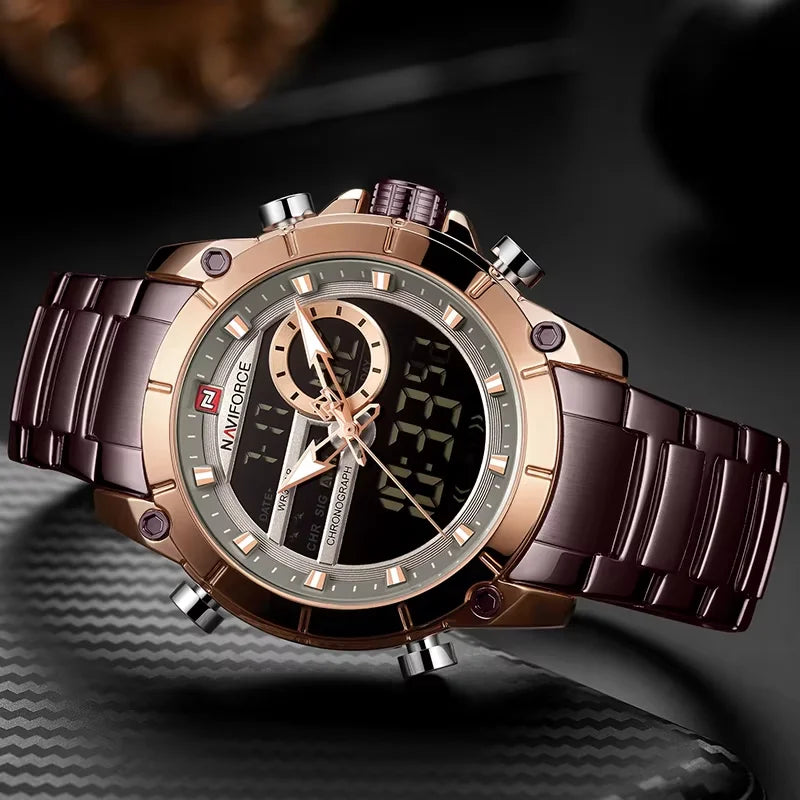 NAVIFORCE Top Luxury Men's Luxury Sports Military Watch All Steel Waterproof Shi Ying Digital Double Display Clock Relogio Mascu
