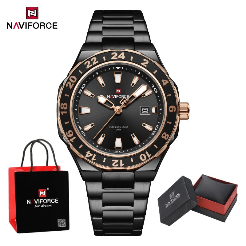 NAVIFORCE  Watches for Man Stainless Steel Waterproof Luxury Sports Quartz Clock Luminous Calendar Wristwatch Male Package Gifts