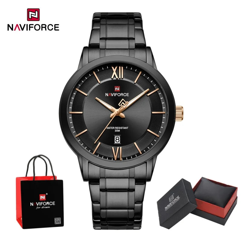 NAVIFORCE Original Watches for Men Quartz Waterproof Calendar Clock Steel Strap Military Luxury Sports Male Wristwatch Gift Box