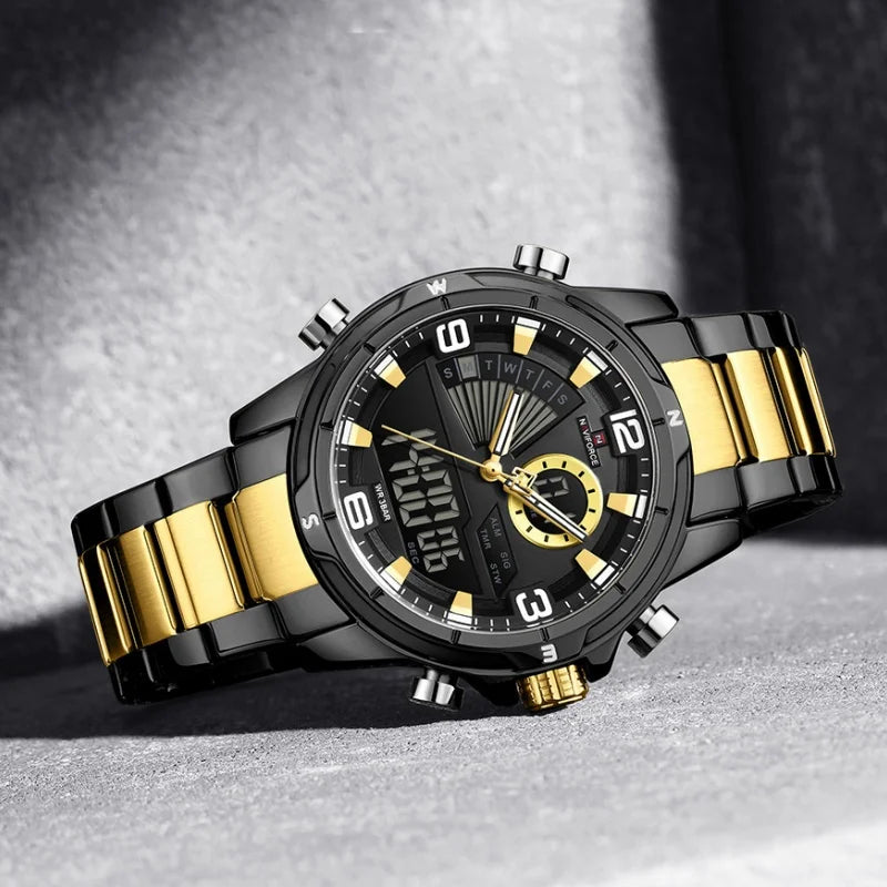 NAVIFORCE Luxury Man's Watch Quartz Chronograph Dual Display 3ATM Waterproof Military Style Sports Wristwatch Gift Box For Men