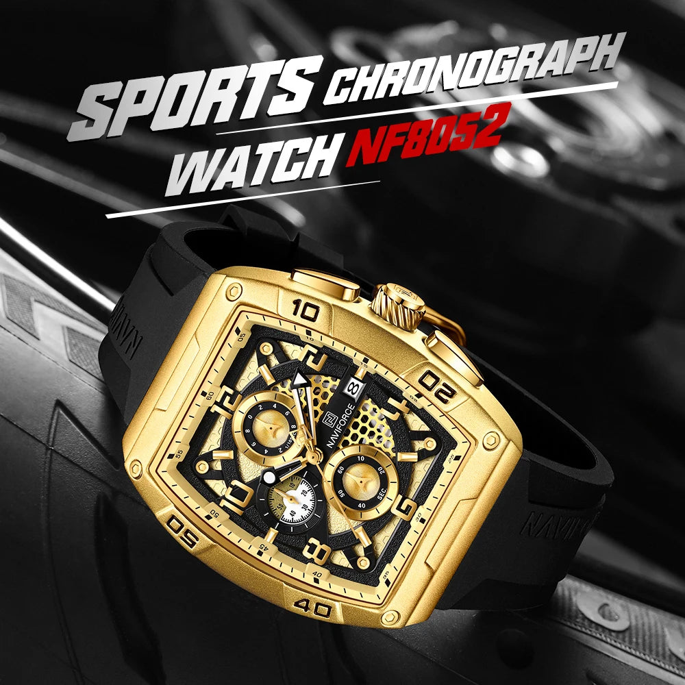 Fashion Brand NAVIFORCE  Men Gold Design Quartz Watches Casual Male  Wrist Watch Large Dia Multi-function PU Waterproof Clock