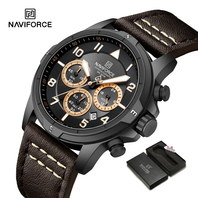 NAVIFORCE Men's Quartz Chronograph Wristwatch Multi Dial 24 Hour Clock Leather Band Modern Business Luxury Design Men Gift Watch
