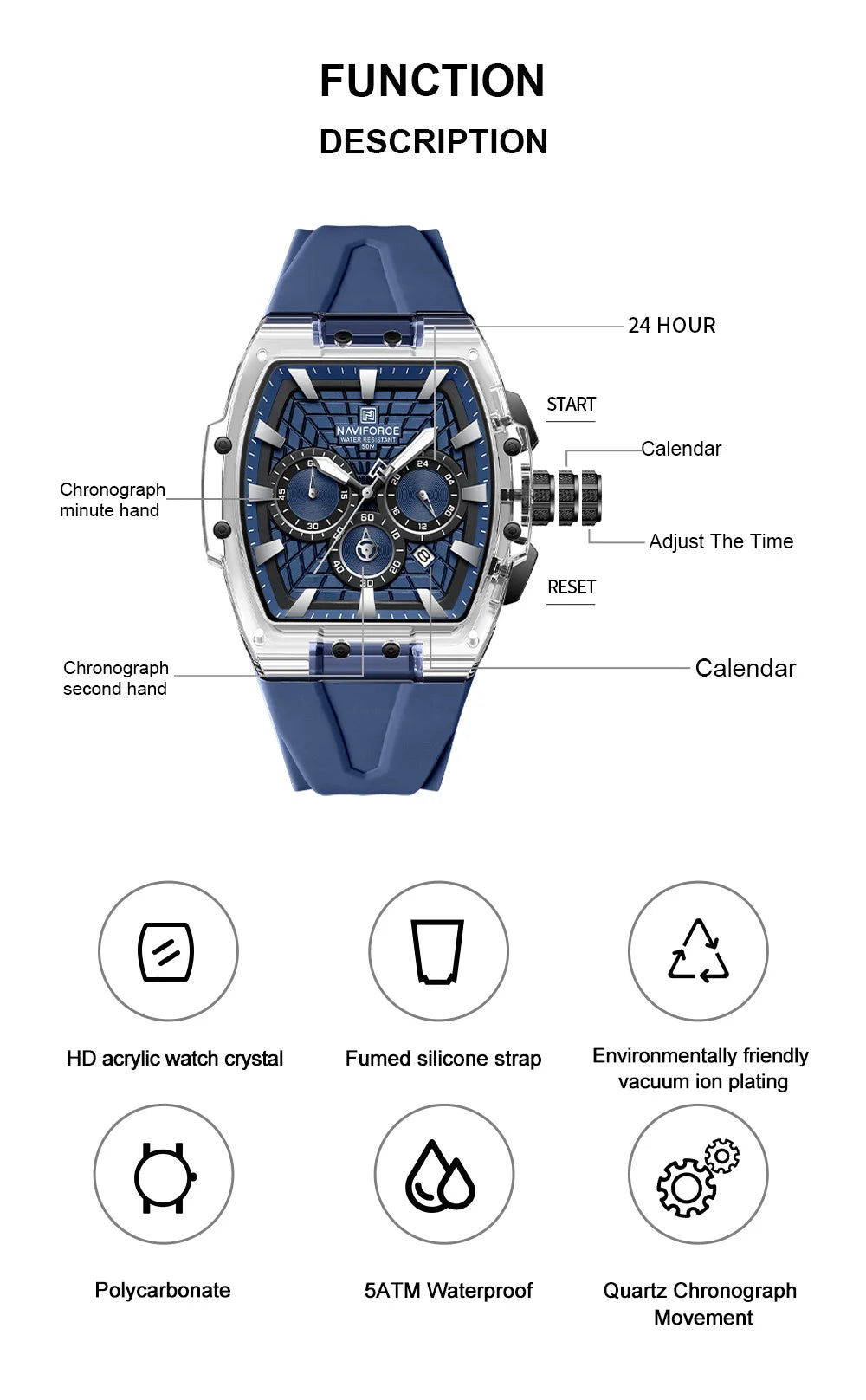 NAVIFORCE Top Brand Watches Men Quartz 5ATM Waterproof Date Luminous Clocks Trendy Sport Outdoor Chronograph Wristwatch for Male