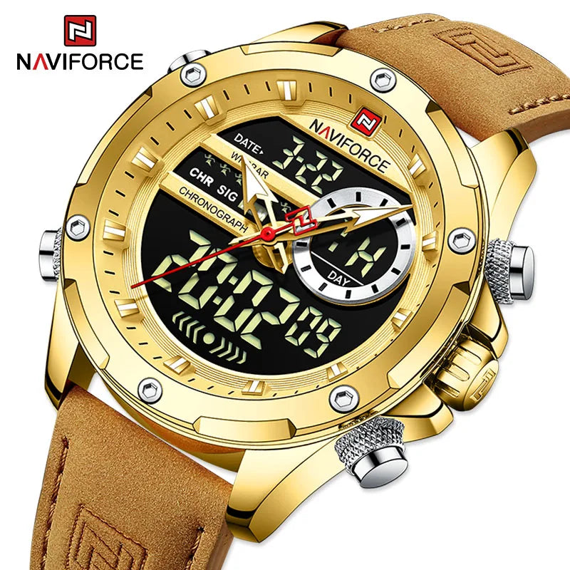 NAVIFORCE Original Men's Dual Time Luxury Sport Watch Casual Chronograph Alarm Quartz Wristwatch Leather Strap Waterproof Clock