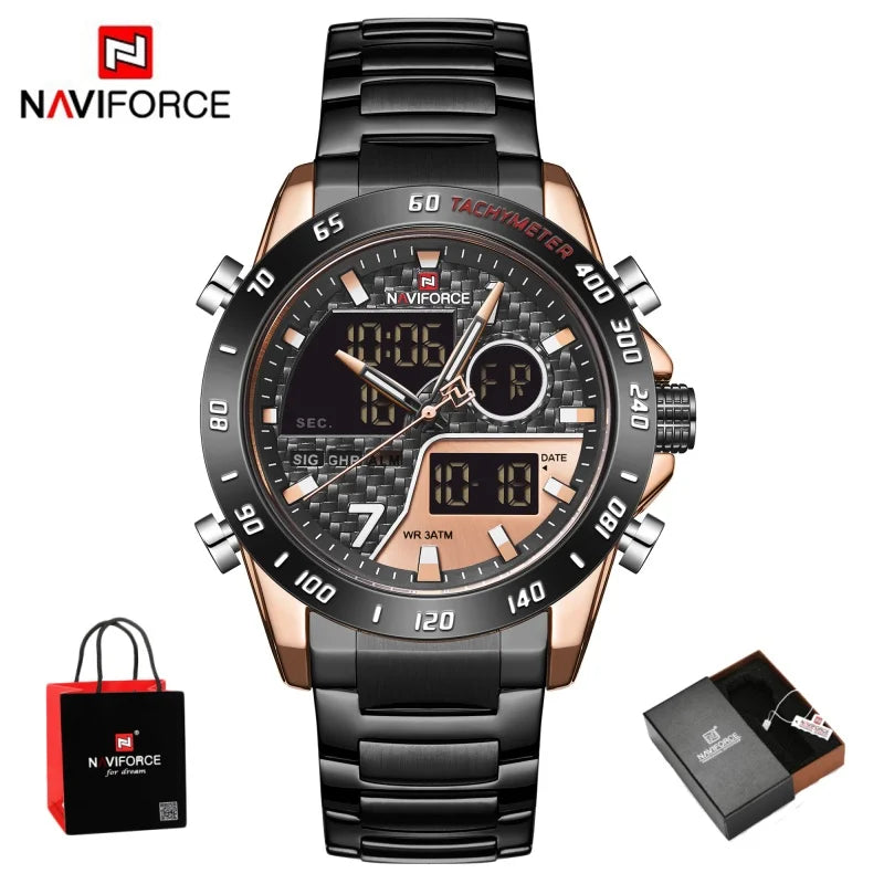 NAVIFORCE Male Quartz Dual Display Clocks Waterproof Luminous Stainless Steel Strap Watches Men Mature Style Wristwatch Gift Box