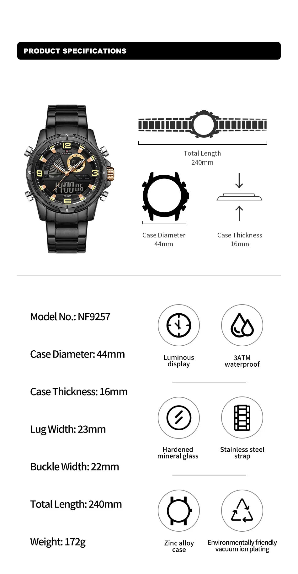 NAVIFORCE Men Watch Steel Band Men's Wrist Watch Casual Sports Multifunction Waterproof big dial Chronograph Day and Date Clock