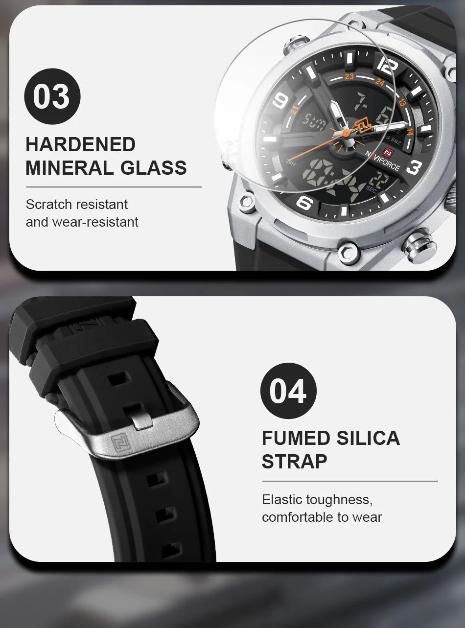 NAVIFORCE Man's Watches Dual Display Week and Date Waterproof Luminous Silicone Strap Male Business Fashion Wristwatch Gift Box