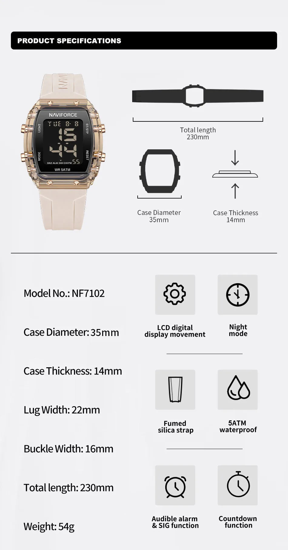 NAVIFORCE Women Watch Waterproof Personality Square Wristwatches LED Digital Silicone Strap Sport Electronic Clock Montre Femme