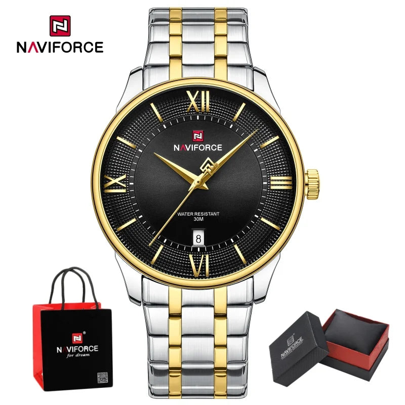 NAVIFORCE Man's Watch Quartz Calendar 30M Waterproof Stainless Steel Male Stylish Daily Luxury Wristwatch Gifts Box Father's Day