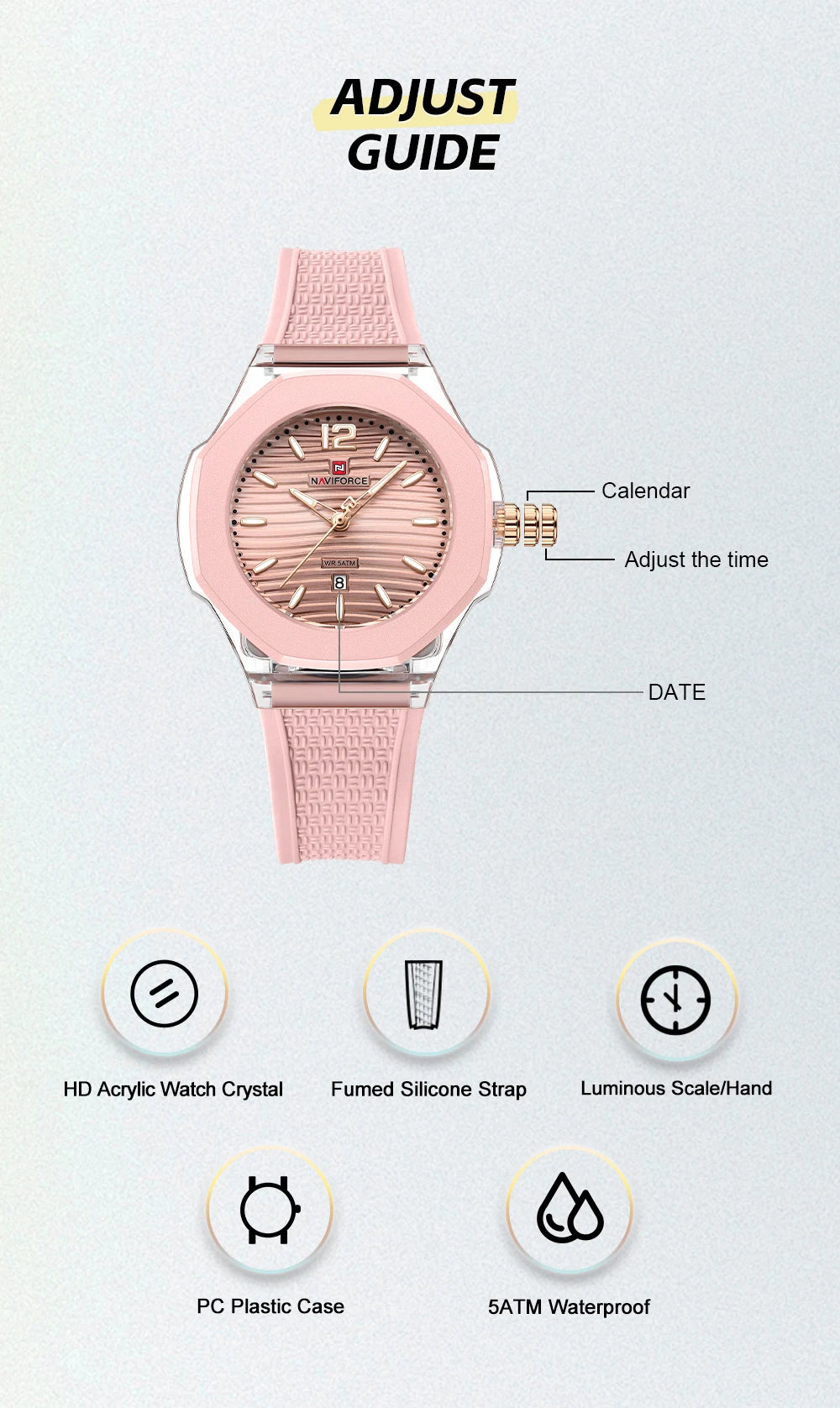 NAVIFORCE Woman's Watch Quartz Waterproof Silicone Band Date Display Wristwatch Luxury Trendy Ladies Dress Wristwatch Gifts Box