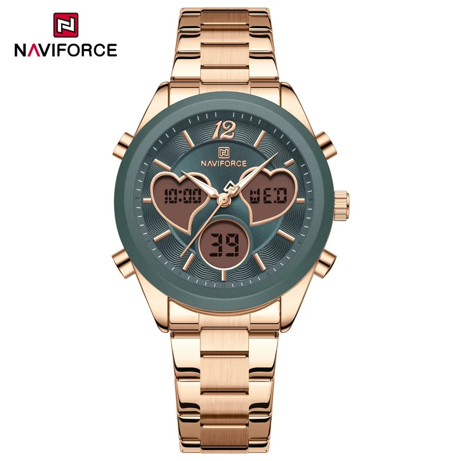 NAVIFORCE Women Watch Unique Design of Heart-Shaped Dial Quartz Analog LCD Digital Watches Fashion Casual Girlfriend Gifts Clock