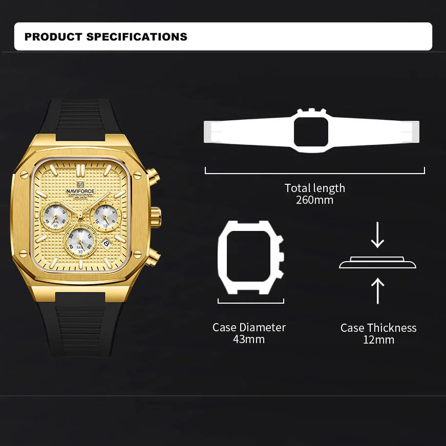 NAVIFORCE Men's Luxury Gold Watch Fashion Silicone Strap Quartz Movement Waterproof Square Wristwatch with Luminous Hands And Da