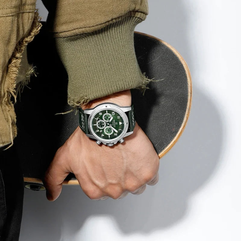 NAVIFORCE Classic Men Quartz Chronograph Watch 3ATM Waterproof Date Display Leather Strap Business Wristwatch Gift Box for Male