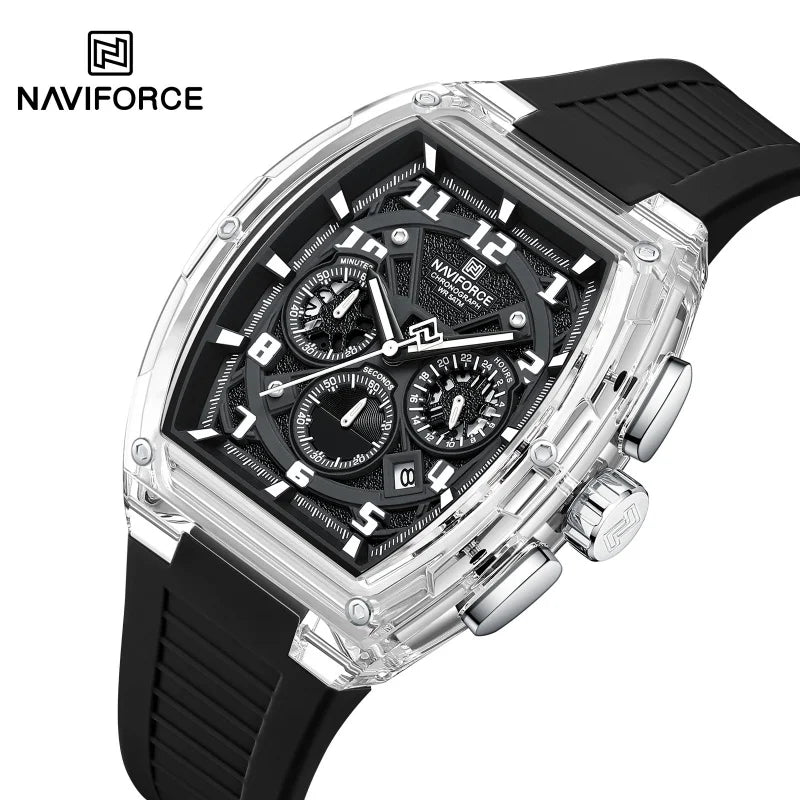 NAVIFORCE Man's Quartz Watch 50M Water Resistant Luminous Male Sports Wristwatch Barrel Dial Multi Function Casual Tech Stylish