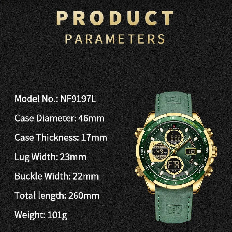 NAVIFORCE Man's Watch Quartz Chronograph Alarm Waterproof Big Clock Digital Military Luxury Male Wristwatch Gift Box NF9197L