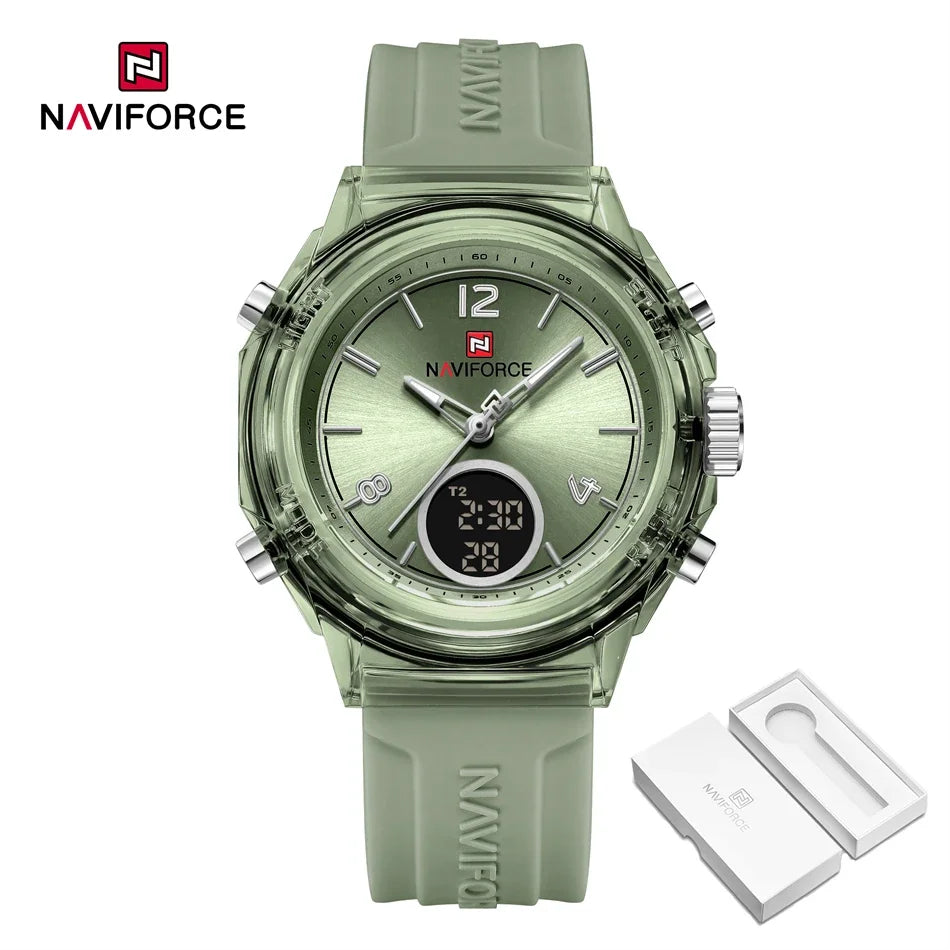 NAVIFORCE Sport Watches Women 50M Waterproof Lady Watch Lover Gifts Dual Time Display Wristwatch Digital LED Back Light Clock