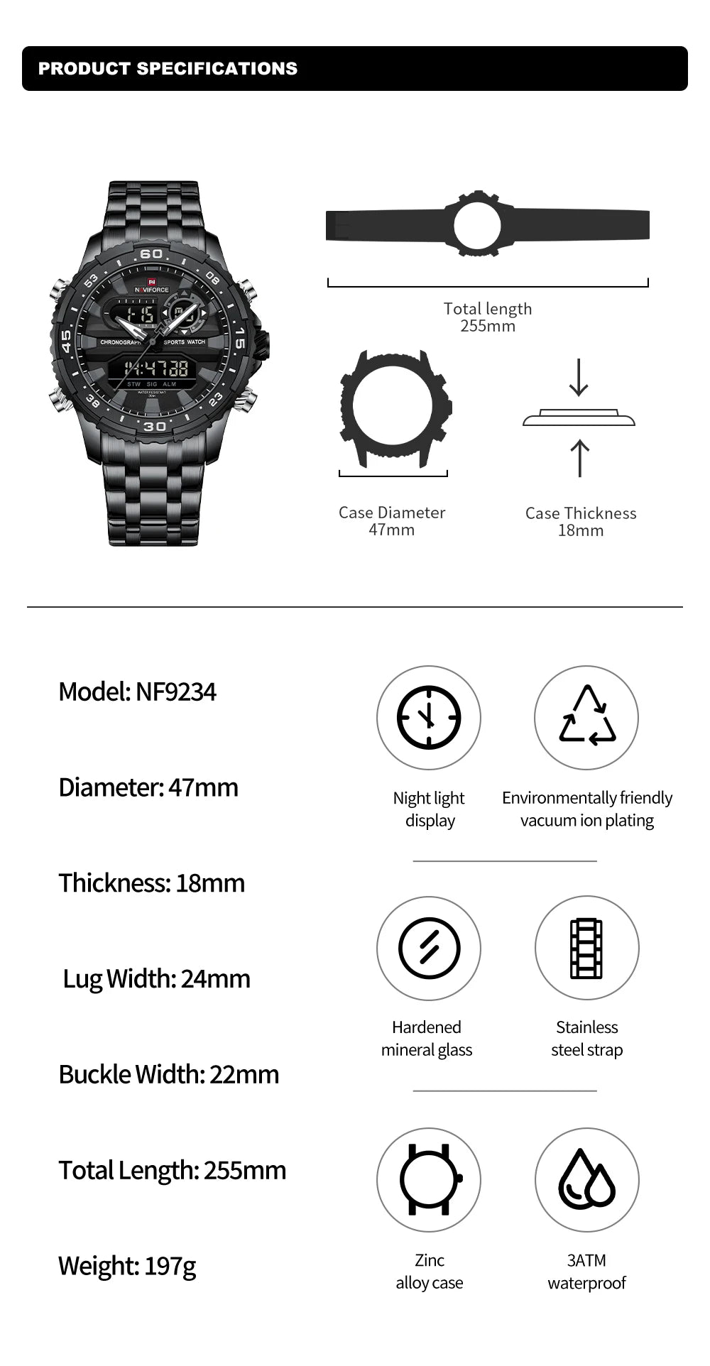 2024 Top Brand NAVIFORCE Men's Watch Quartz Analog LCD Digital Wristwatch Male Stainless Steel Strap Water Resistant Date Clock