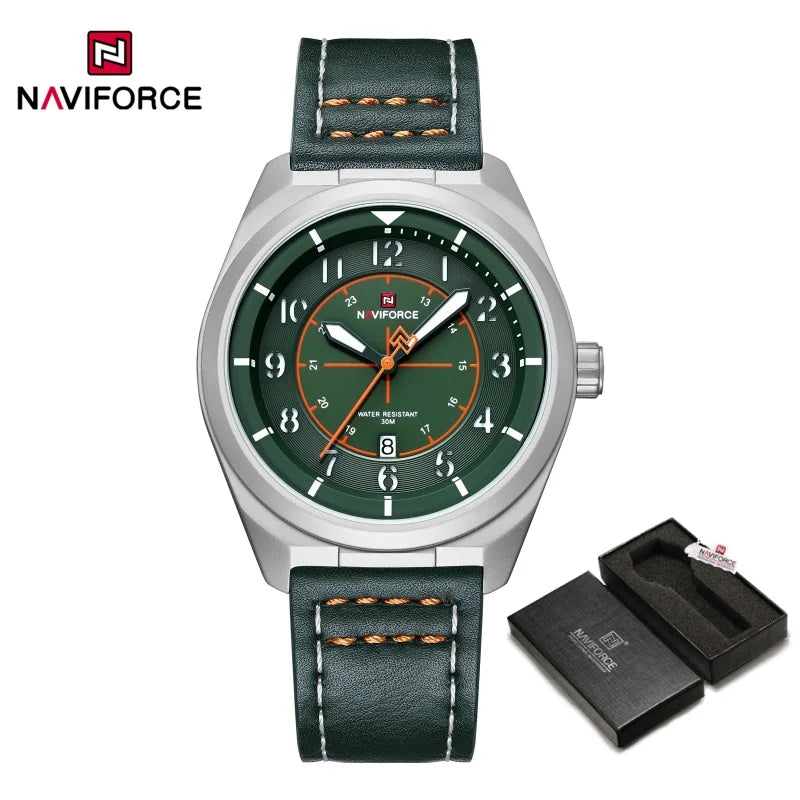 NAVIFORCE Simple Men Quartz Calendar Watch 3ATM Waterproof Genuine Leather Strap Business Casual Fashion Mature Style Wristwatch