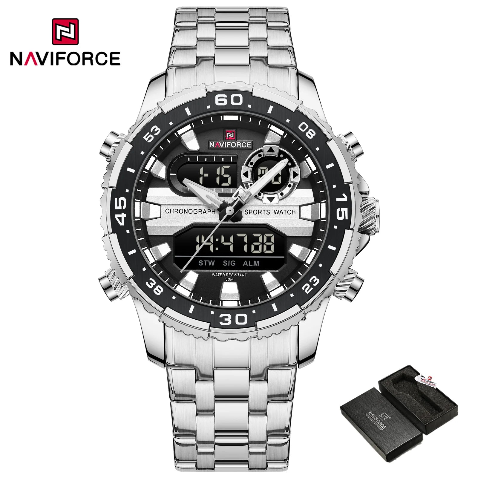 Gifts for Boyfriends NAVIFORCE Men's Silver Black Quartz Watch LCD Digital Waterproof  Wristwatch Male Luminous Hands Date Clock
