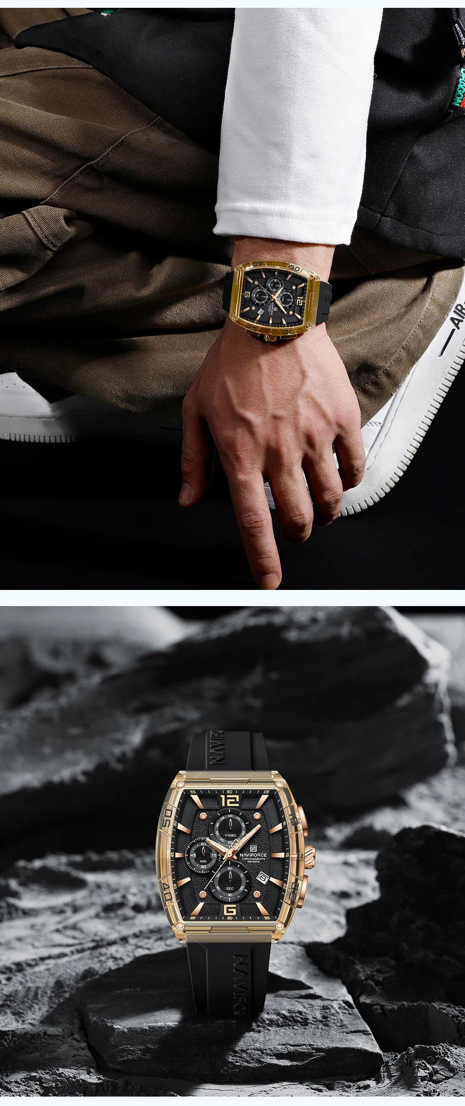 NAVIFORCE Luxury Men's Watch Quartz Chronograph 5ATM Waterproof Luminous Hand Soft Silicone Strap Male Fashion Sports Wristwatch