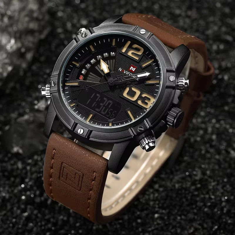 NAVIFORCE Luxury Brand Men's Sport Watches Men Dual Display LED Digital Waterproof Leather Strap Quartz Military Watch Man Clock
