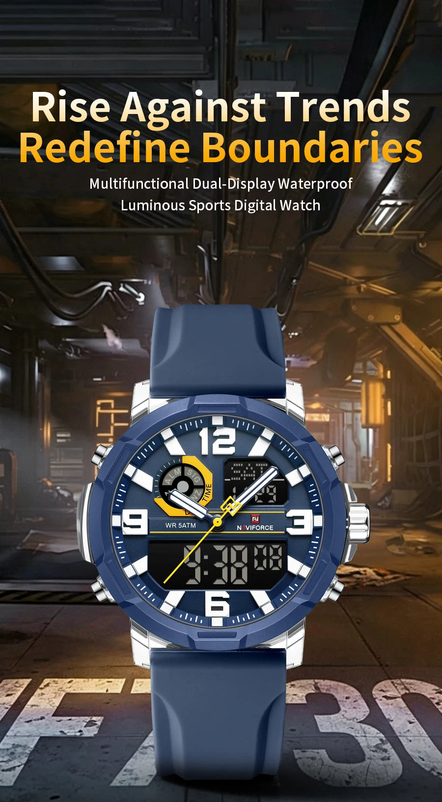 NAVIFORCE Men Dual Display Watch Alarm Clock 50M Waterproof Chronograph Stylish Novel Teenager Outdoor Sport Wristwatch Gift Box