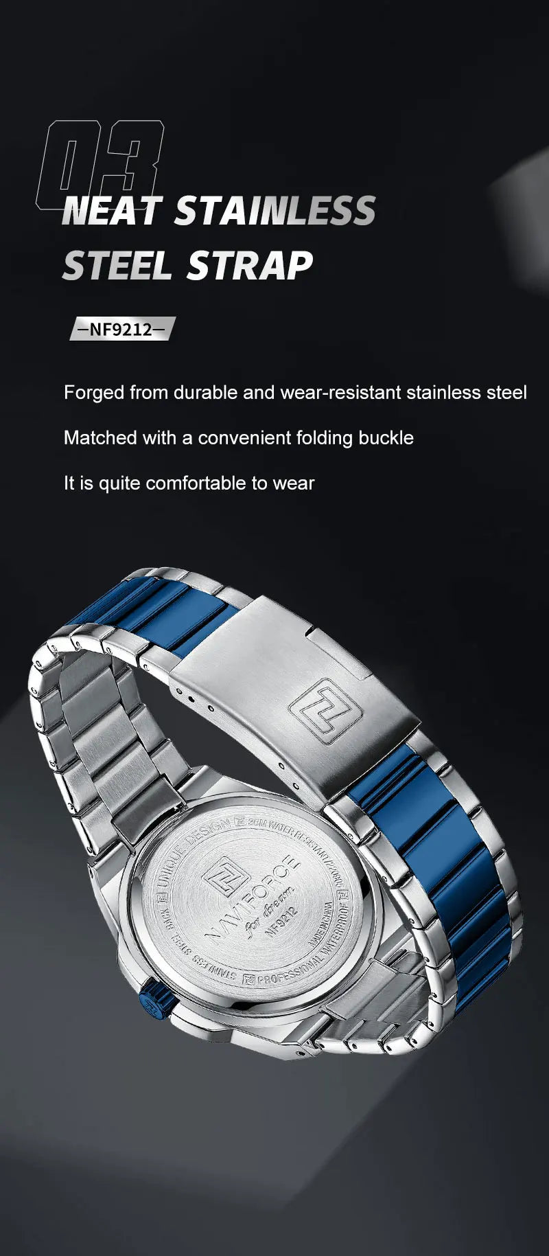 NAVIFORCE Men's Watch Stainless Steel Strap Military Casual Business Quartz Waterproof Calendar Clock with Gift Box