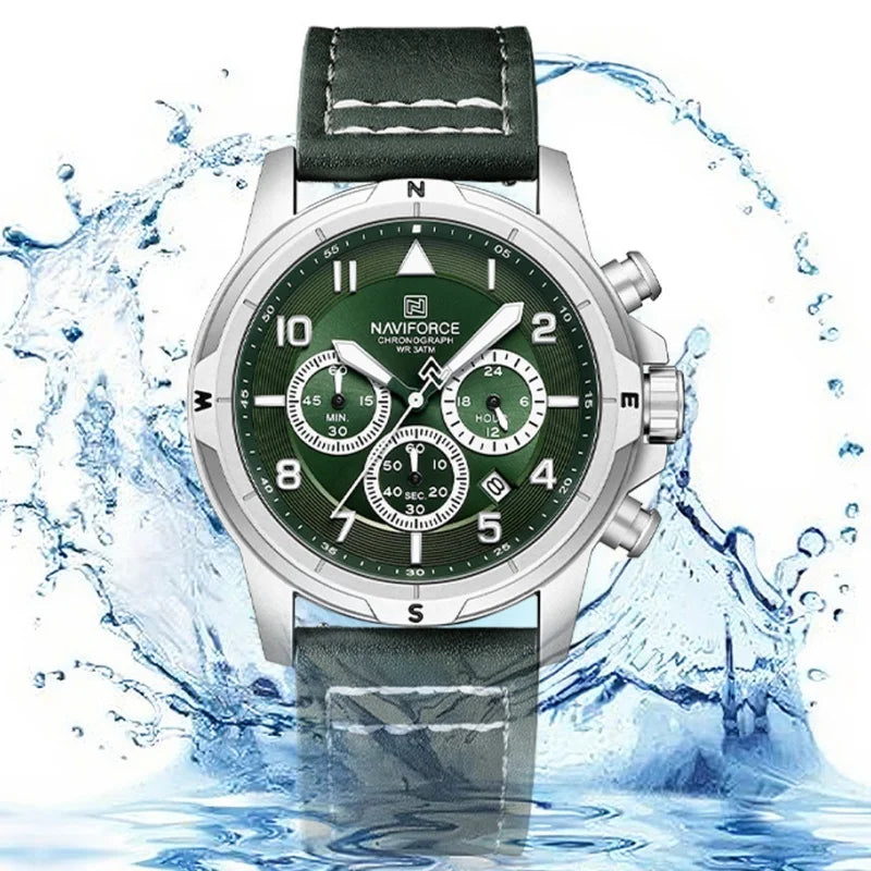 NAVIFORCE Classic Men Quartz Chronograph Watch 3ATM Waterproof Date Display Leather Strap Business Wristwatch Gift Box for Male
