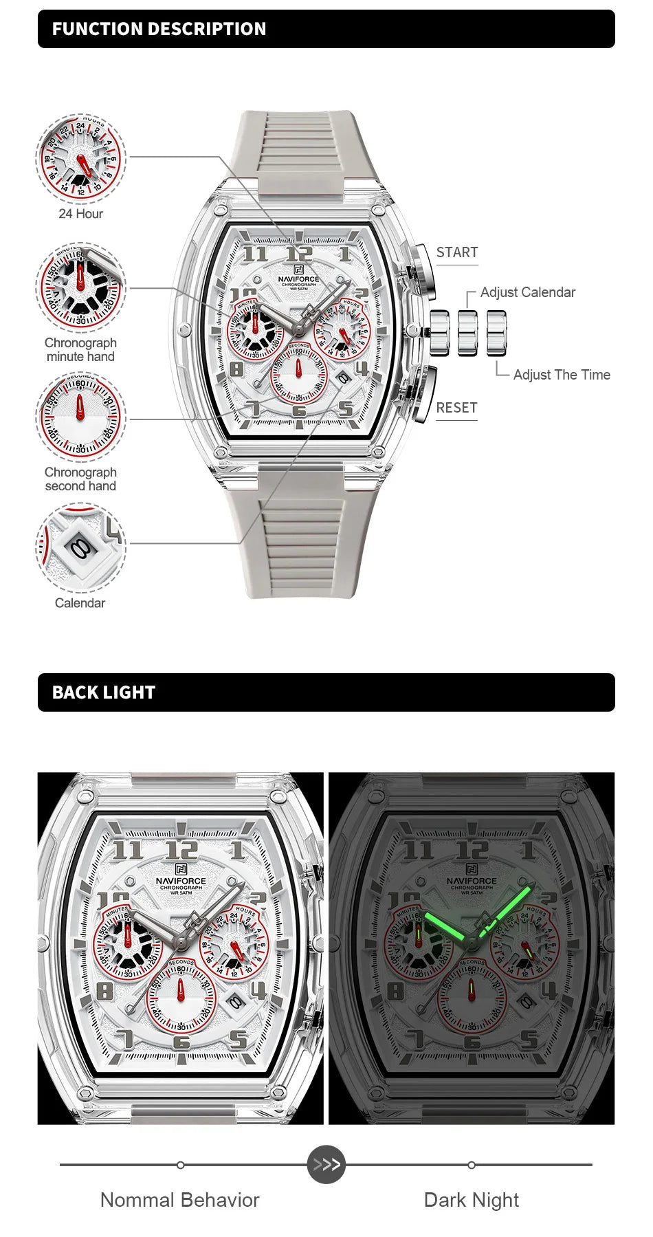 NAVIFORCE Man's Quartz Watch 50M Water Resistant Luminous Male Sports Wristwatch Barrel Dial Multi Function Casual Tech Stylish