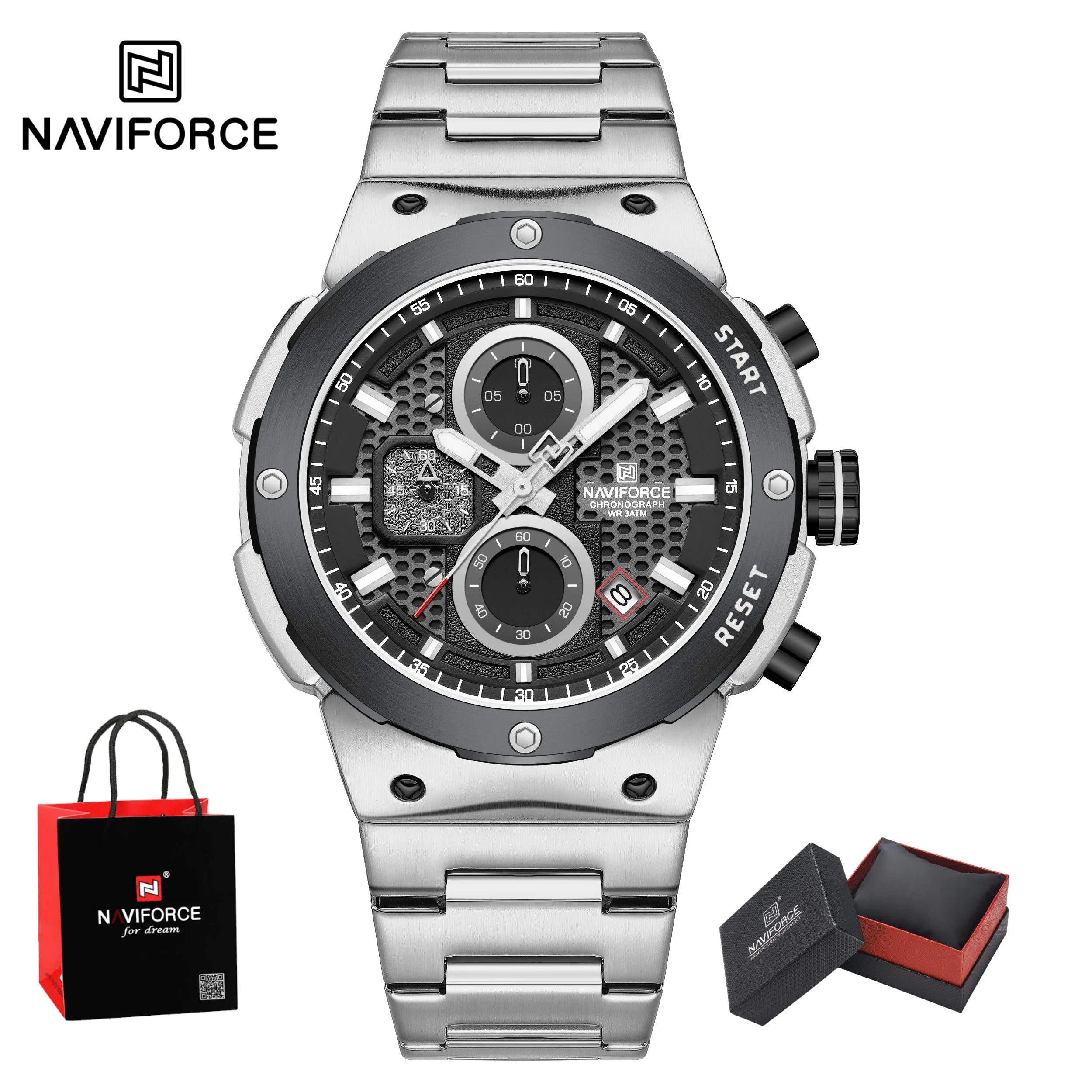 NAVIFORCE Man Watch Stainless Steel Sport Military Wristwatch Luxury Men Watches Luminous Waterproof Chronograph Quartz  Gifts