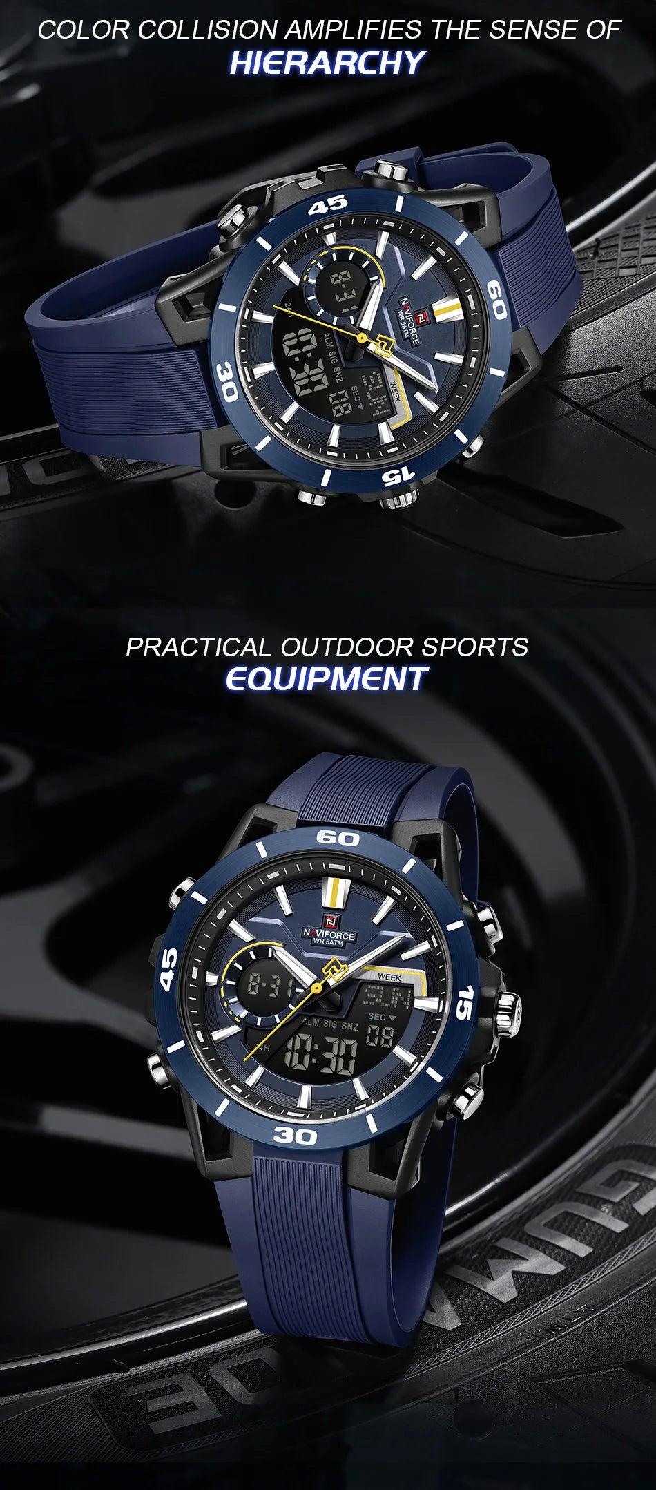 NAVIFORCE Men Watches Quartz Dual Display 50M Waterproof Chronograph Luminous Alarm Clock Male Business Sports Trendy Wristwatch