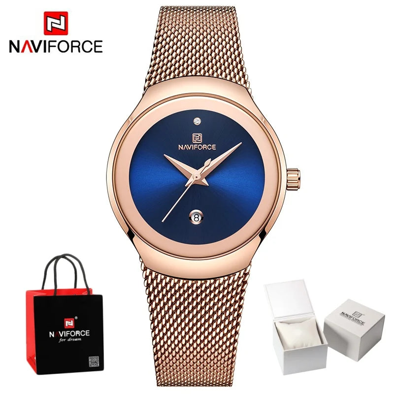 NAVIFORCE Women's Simple Quartz Watches 30M Waterproof Auto Date Steel Strap Female Casual Fashion Daily Use Wristwatch Gift Box