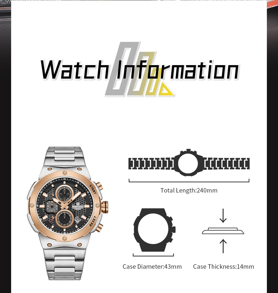 NAVIFORCE 2025 Man Quartz Watch Sport Military Watch For Men Waterproof Luminous Date Chronograph Stainless Steel Men's Watches