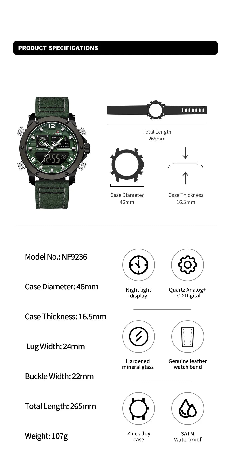 NAVIFORCE Digital Mens Military Watch Waterproof Watch Dual Display Quartz Sports Watch For Men Luminous High Quality Wristwatch