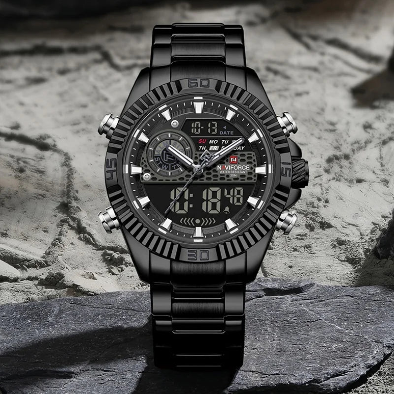 NAVIFORCE Men Watches Quartz Dual Display Waterproof Stainless Steel Male Luxury Fashion Business Outdoor Wristwatch Gifts Box