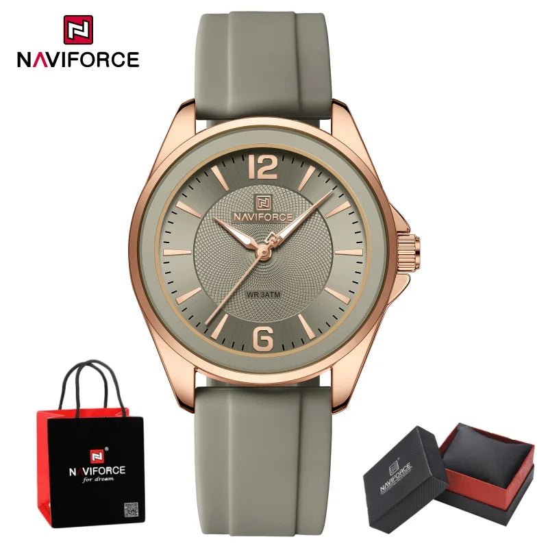 NAVIFORCE Top Brand Women's Quartz Watch Silicone Strap Fashionable Wristwatch Comfortable Girls Simple Gift Clock Box NF5068