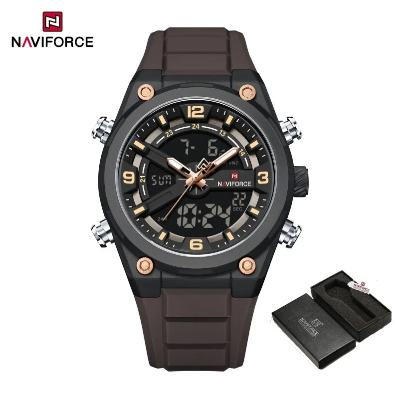 NAVIFORCE Man Watch Fashion Casual Sports Dual display Silicone Strap Waterproof Alarm Chronograph Day and Date Watches for Men