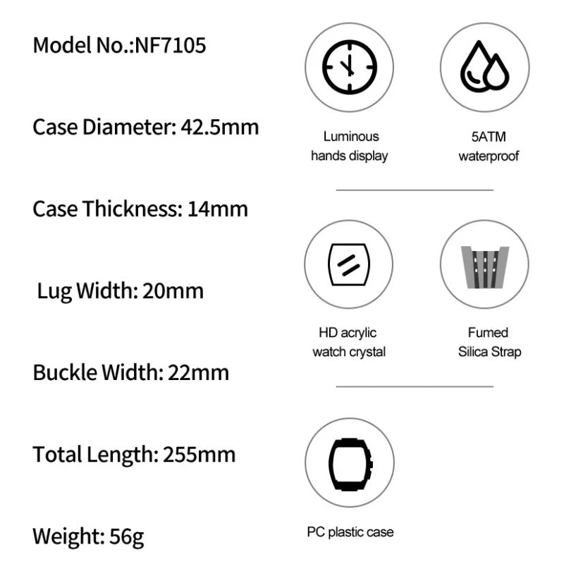 NAVIFORCE Man's Watch Quartz Chronograph 5ATM Waterproof Silicone Strap Fashion Sports Male Luxury Wristwatch Gifts Box NF7105
