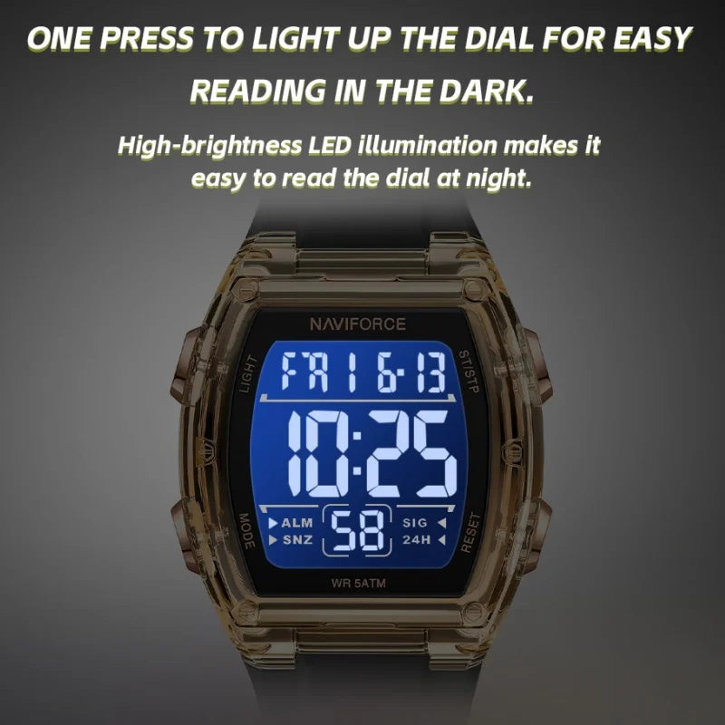 NAVIFORCE Men's Stylish Daily Wear Watch LCD Digital 5ATM Waterproof Date Week Display Male Sports Outdoor Wristwatch Gifts Box