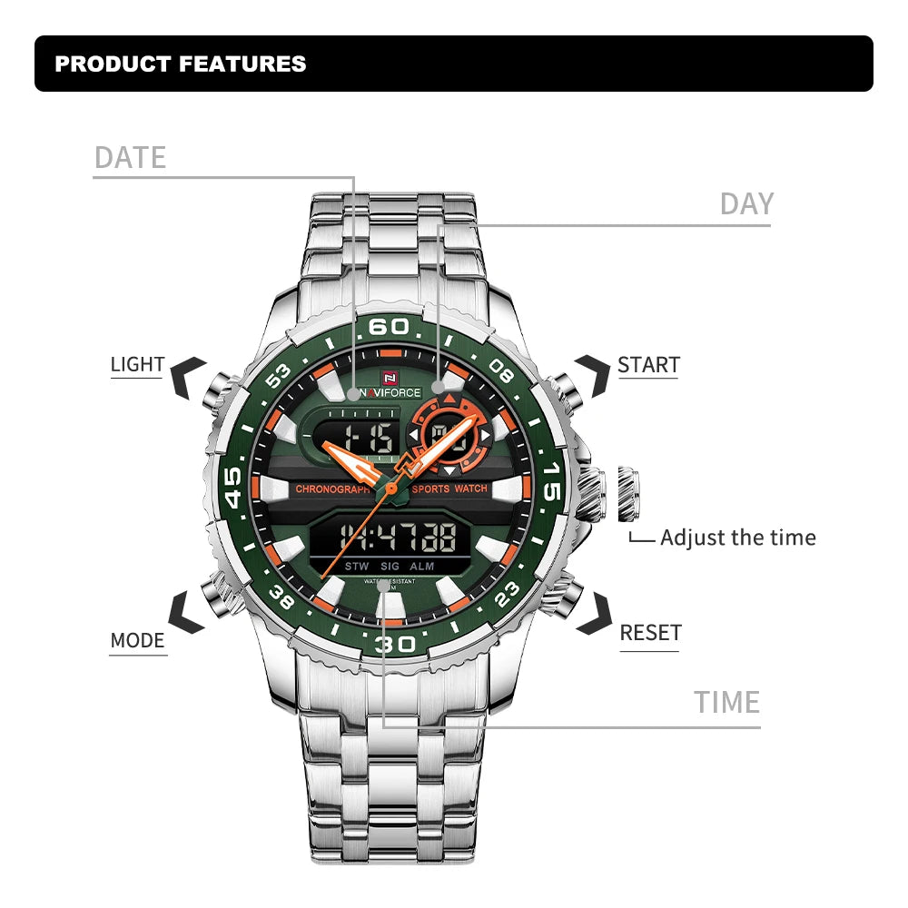 NAVIFORCE Original Watches for Men Analog Digital Sport Quartz Wrist Watch Male Military Luminous Waterproof Steel Alarm Clock