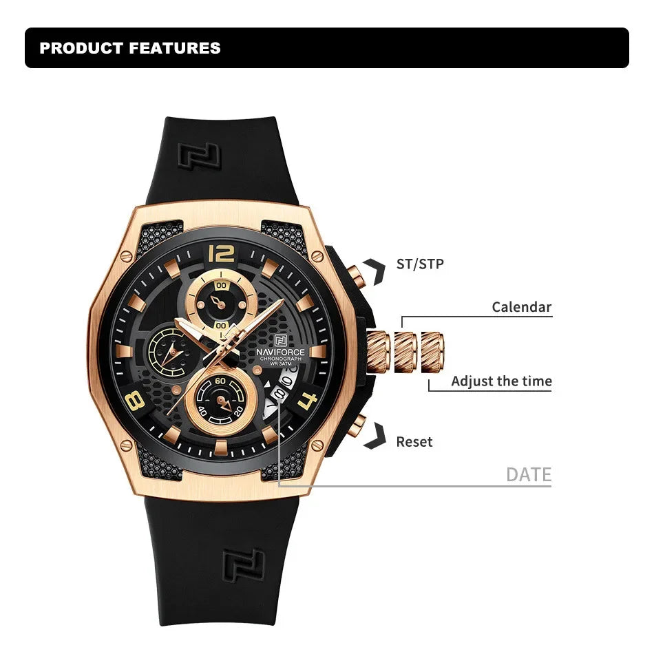 NAVIFORCE Men's Luxury Silicone Strap Male Quartz Wristwatch Casual Sport Waterproof Luminous Clock Relogio Masculino 2024 New