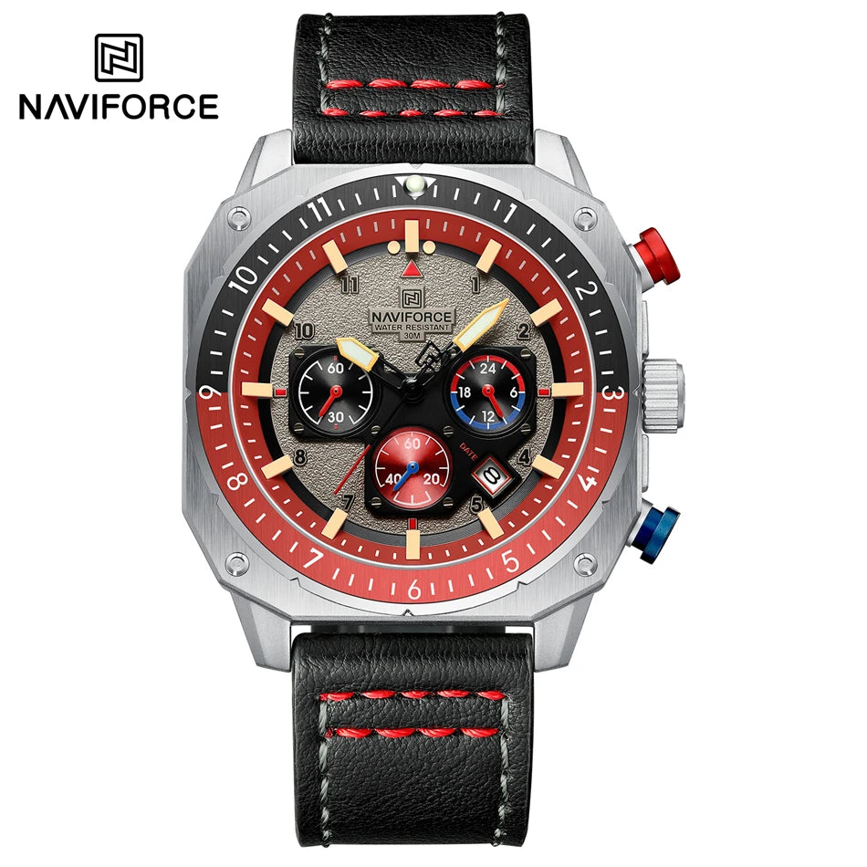 NAVIFORCE Sports Multifunction 24 Hours Date Display Waterproof Watch for Men Fashion Leather Quartz Analog Luminous Wrist Watch