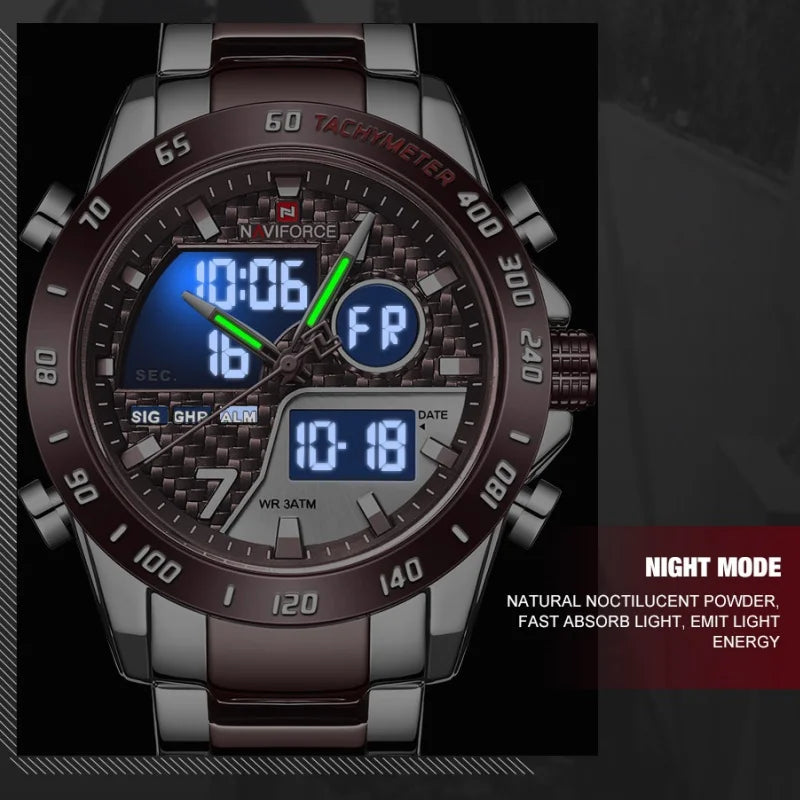 NAVIFORCE Men's Fashion Sports Watch Quartz Dual Display Luminous Waterproof Steel Band Clocks Male Outdoor Wristwatch Gifts Box