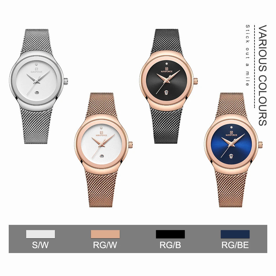 NAVIFORCE Women's Simple Quartz Watches 30M Waterproof Auto Date Steel Strap Female Casual Fashion Daily Use Wristwatch Gift Box