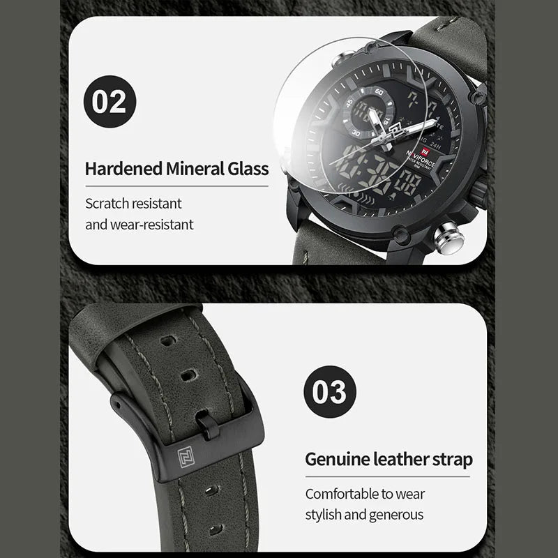 NAVIFORCE Men Watch Business Casual Fashion Dual Display Sport Genuine Strap Alarm Mode Quartz Wristwatch Man Waterproof Watch