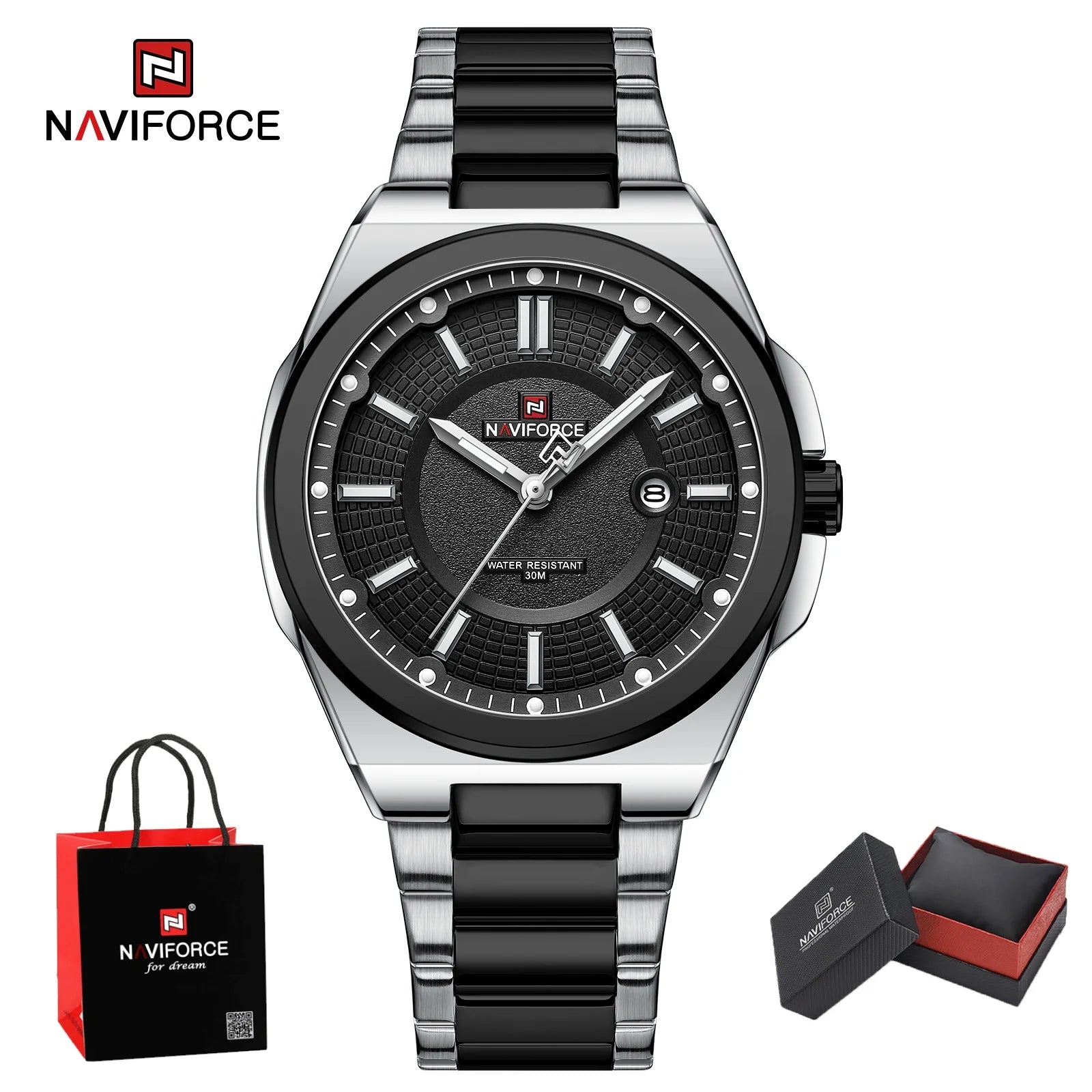 NAVIFORCE Men's Watch Stainless Steel Strap Military Casual Business Quartz Waterproof Calendar Clock with Gift Box
