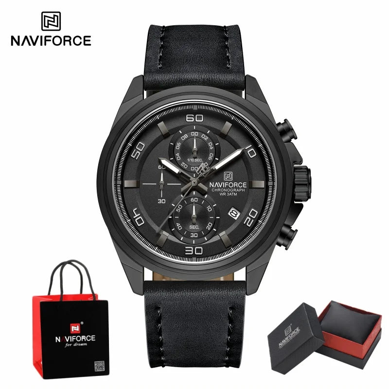 NAVIFORCE Men's Watch Quartz Chronograph Genuine Leather Strap Waterproof Luminous Hand Male Fashion Design Wristwatch Gifts Box